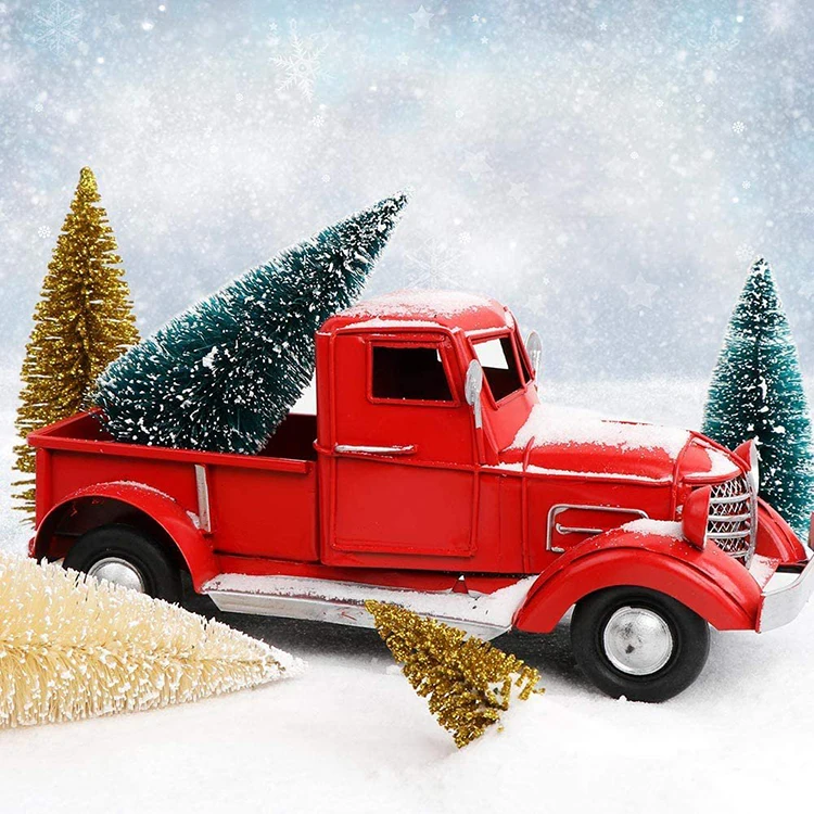 Handmade Winter Snow Ornaments Green Ivory Gold Mini Bottle Brush Christmas Tree Set