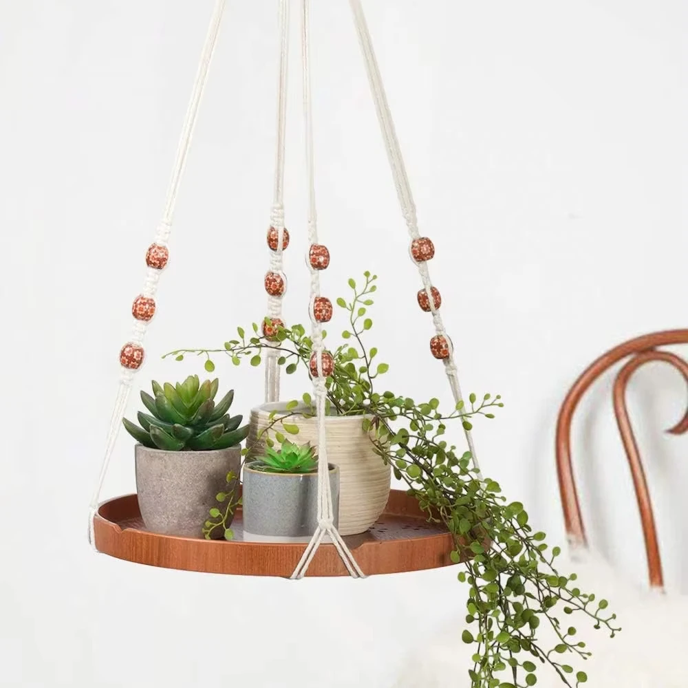 Indoor Macrame Plant Hanger Garden Decoration Hanging Wooden Plant Shelf with Woven Hanger
