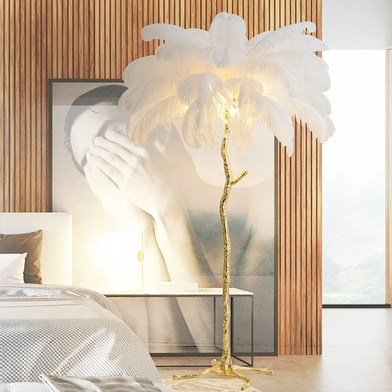 Dropshipping Modern Luxury Palm Tree Shape Copper Stand Ostrich Feather Floor Lamp for Home Decoration