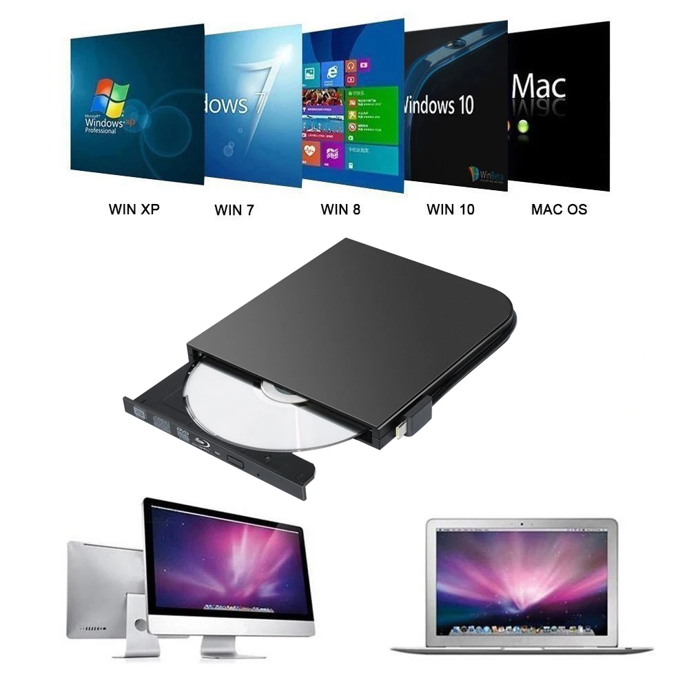 Blu-Ray Drive Slim Type C+USB 3.0 Bluray Burner BD-RE CD/DVD RW Writer Play Blu-ray Disc For Laptop Notebook PC HP ACER