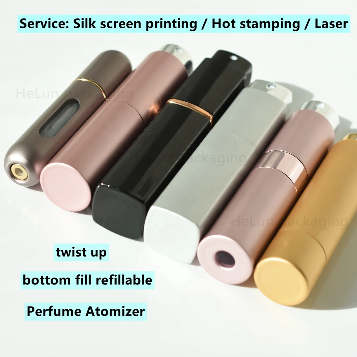 HeLun Stock 10ml Portable Gold Black Matte Aluminum Metal Twist Up Decant Refill Refillable Perfume Atomizer Pump Spray Bottle