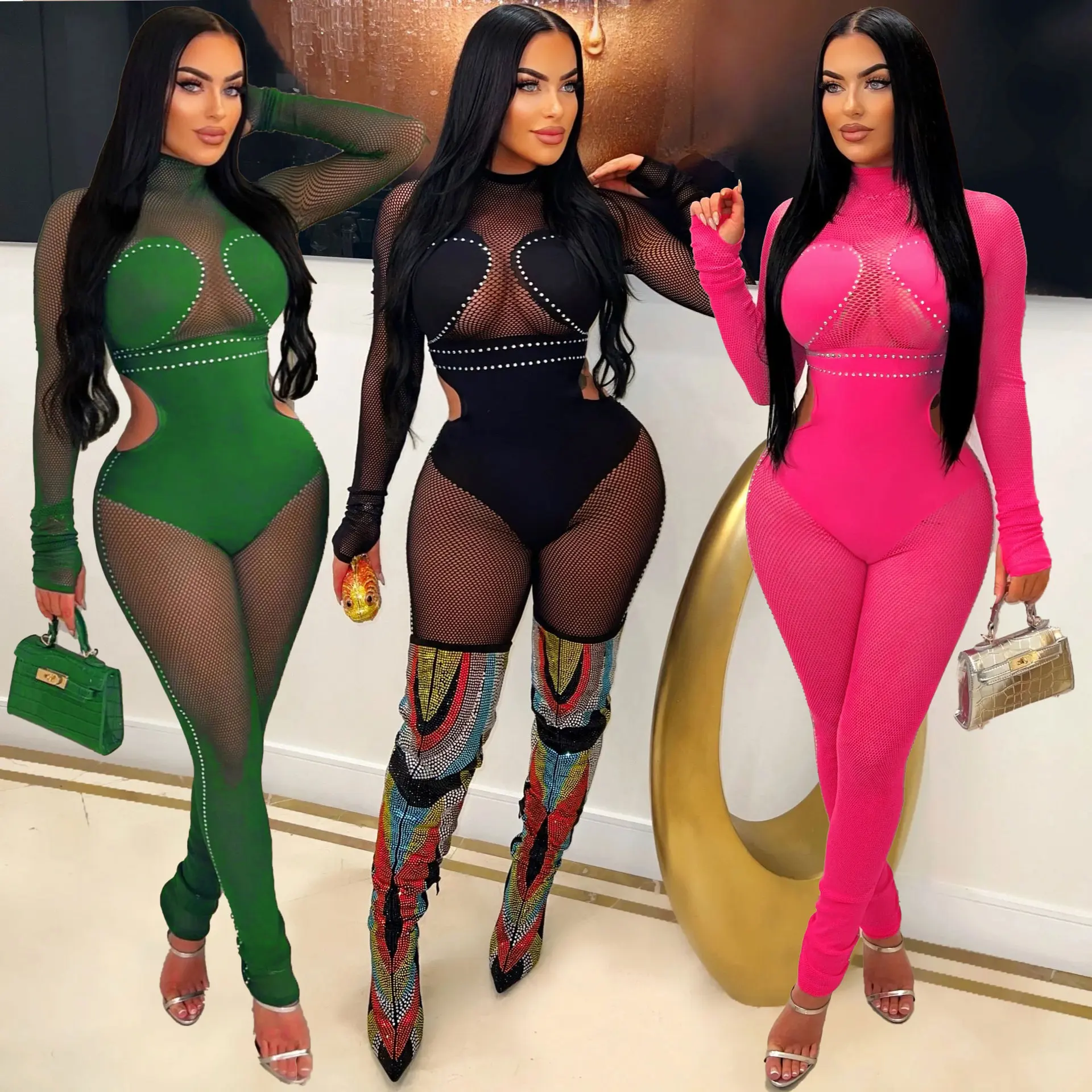 Fall Jumpsuit Womens One Piece Bodysuit O Neck Mesh Stretchable Jumpsuit For Women Cut Out Rhinestone Sexy Jumpsuits Club Wear