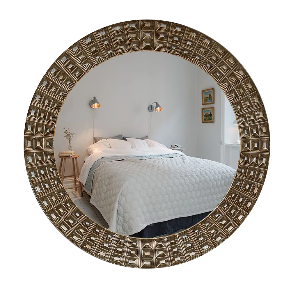 wholesale custom hollywood bedroom bathroom round PU framed large circle dressing full body hanging wall mirror miroir spiegel