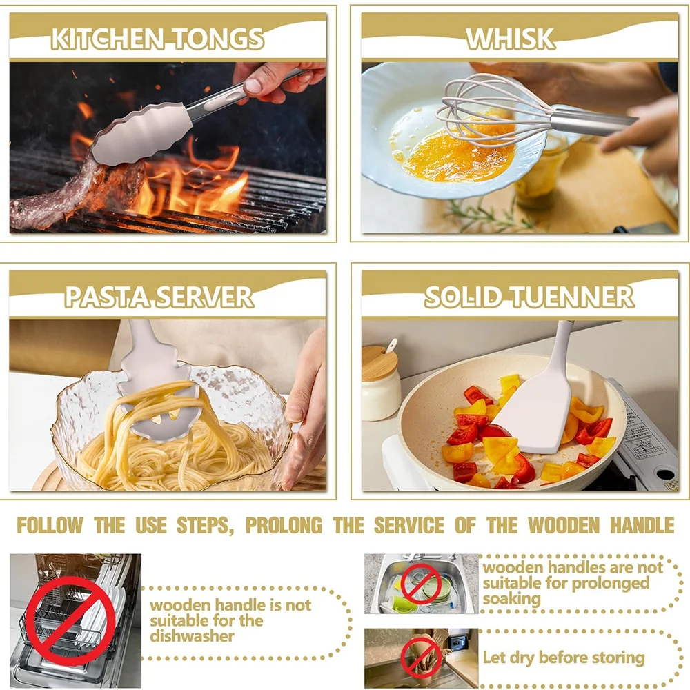 High quality Kuchenutensilien kitchen tools wooden silicone kitchen utensils set cooking utensils set silicone kitchen utensils