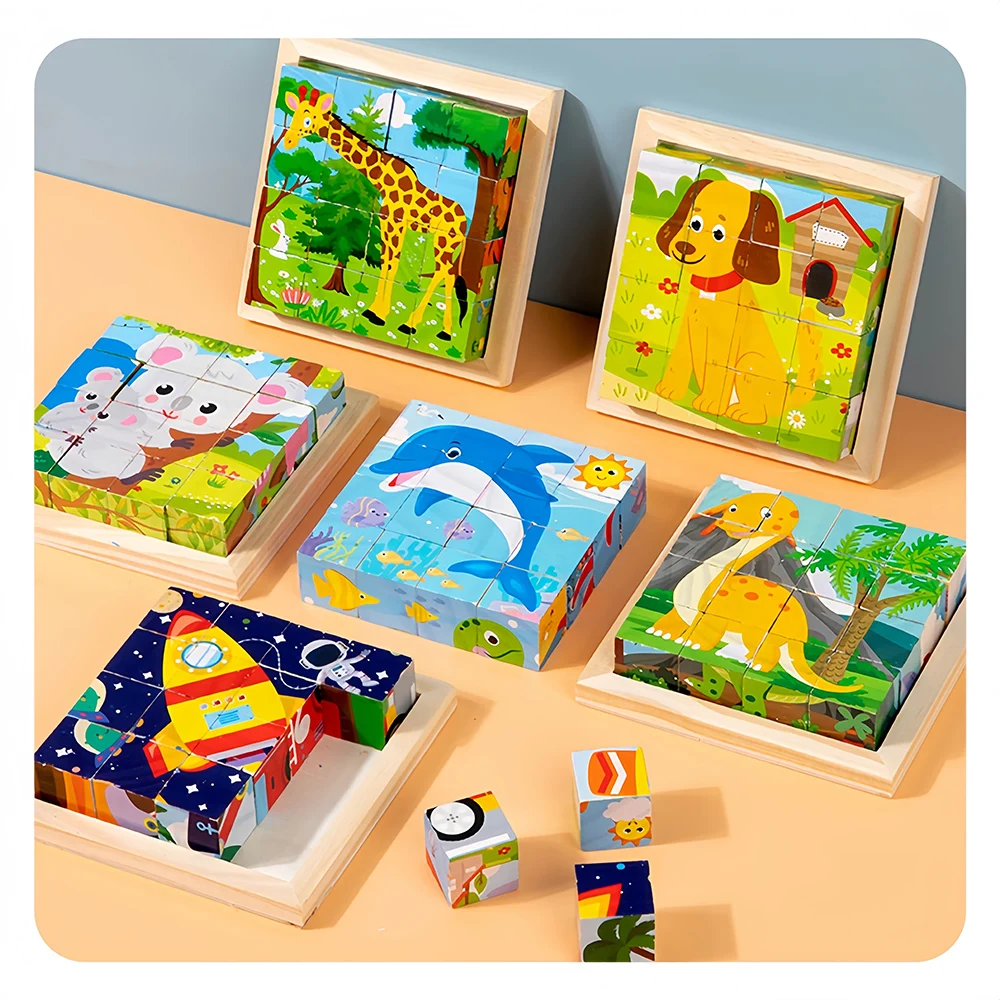 16-Piece Unisex 3D Puzzle Cube 6-in-1 Farm Animal Dino Jungle Wooden Block Tray Cartoon Toy Children Aged 3+ Years Box Packaging