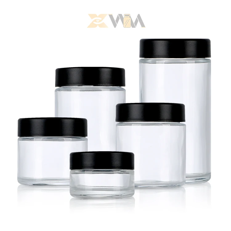 Custom 1oz 2oz 3oz 4oz Clear Wide Mouth Glass Bottle Container Smell Proof Child Resistant Glass Jars with Magnifying Lids