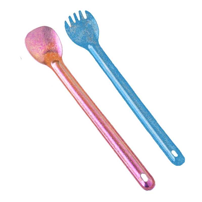 TiTo  Ultralight Portable Camping Pure Titanium Long Handle Spoon Spork Rainbow Color Tableware