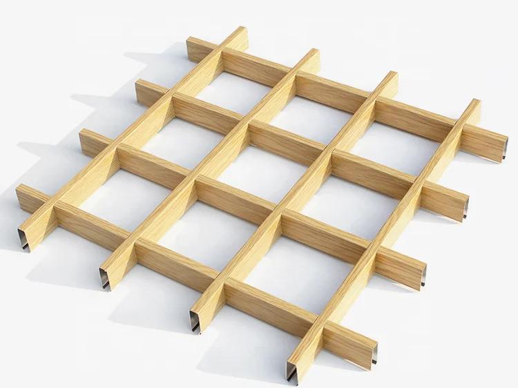 Home Office Hall Wood Look False Ceiling Design Aluminum Open Cell Grid Ceiling Metal Slat Grille Ceiling Panels Interior Decor