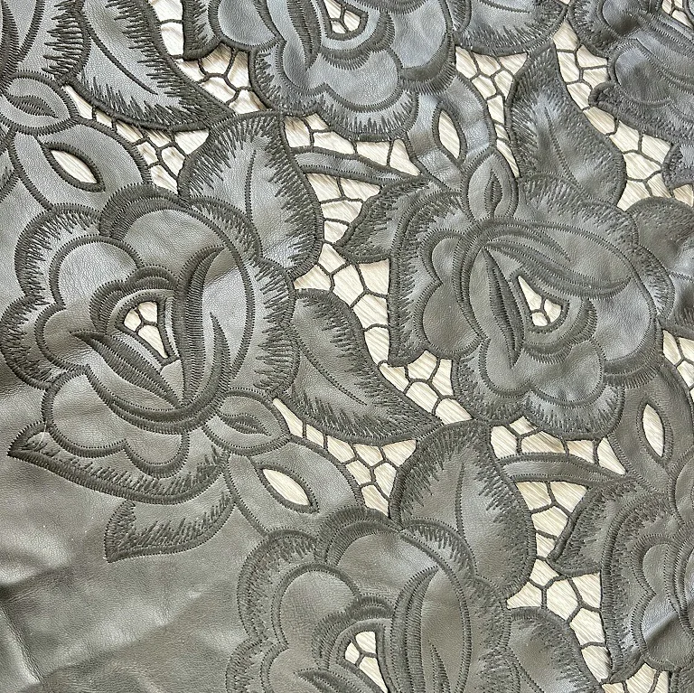 Wholesale Punk Style Black PU Leather Rose Flowers laser Embroidery Fabric