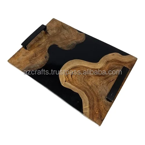 Diy Epoxy Resin River & Wood Serving Tray With Brass Handle Hotels & Restaurant Kitchenware Coffee Table Tray
