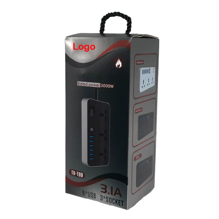 High quality Competitive price black extension 3 way plug outlet electric board switch power strip socket with 6 usb