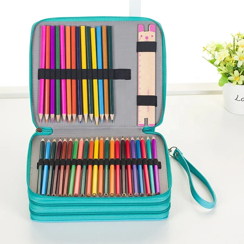 120 Slots Colored Pencil Case For School Portable 3 Zipper PU Leather Pencil Holder With Removal Handle Strap Pencil Bag