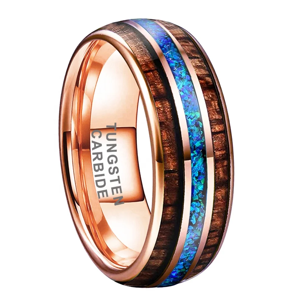 Coolstyle Jewelry 8mm Blue Opal Koa Wood Inlay Rose Gold Tungsten Carbide Ring for Men Women Fashion Wedding Band Comfort Fit