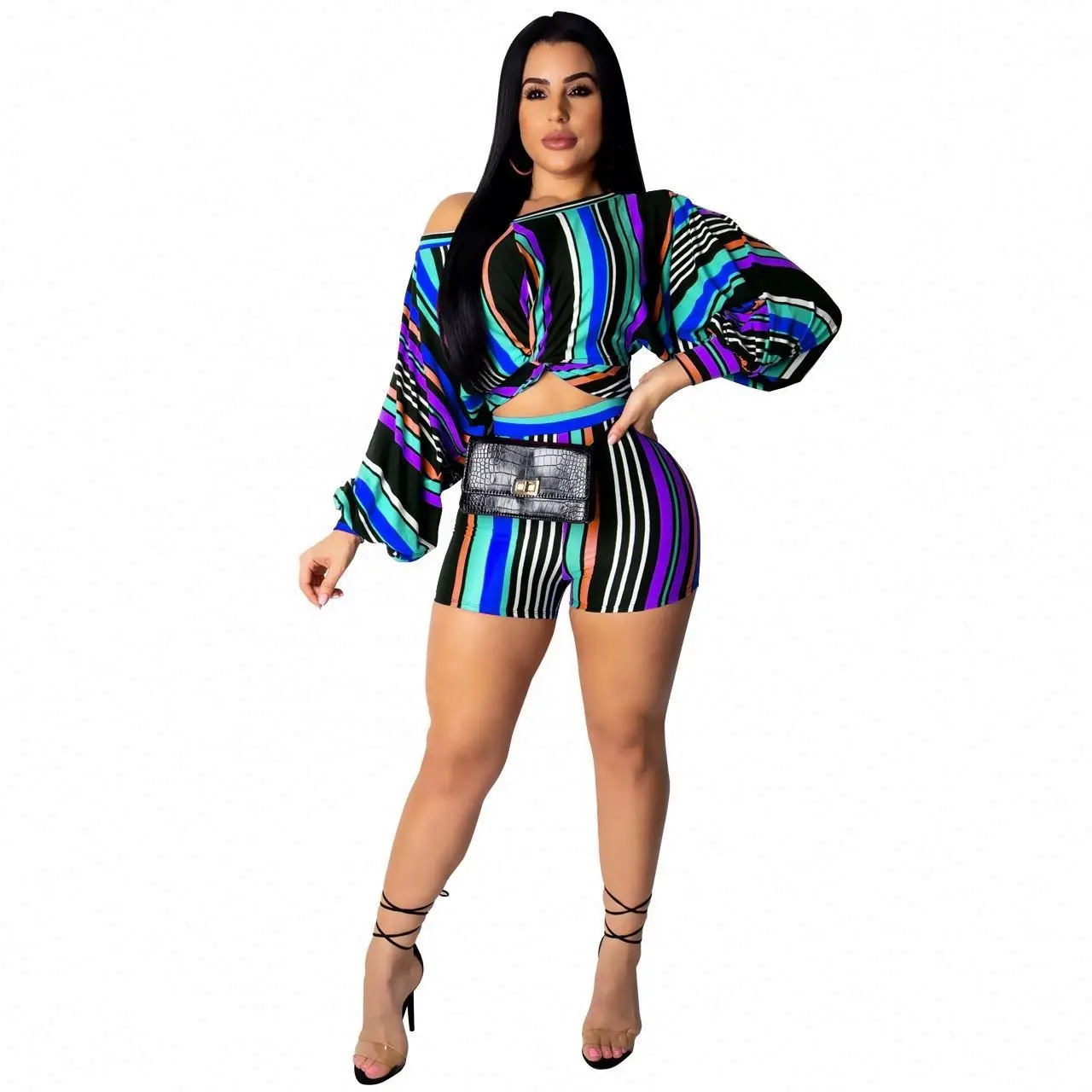 Wholesale Bohemian Puff Sleeve Casual Fashion Stripe Long Sleeve Multicolor Straight Nightclub Party Two Piece Short Set