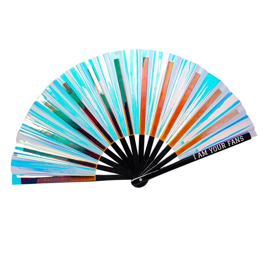 PVC Laser Rave Hand Fan Clack Handheld Fan for Party Large Folding Fan with Bright Color Festival