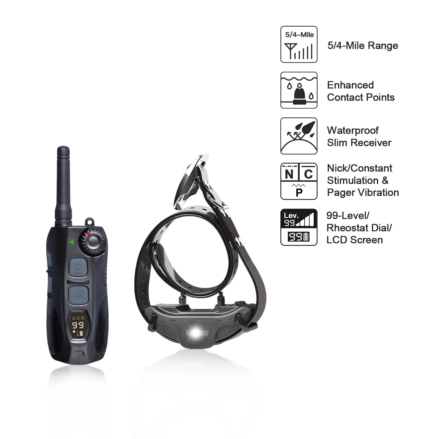 1.25 Mile (6600 Ft) Remote Shock, Vibrate, Tone and Flashing Beacon Lights Waterproof Rechargeable Dog Hunting collar