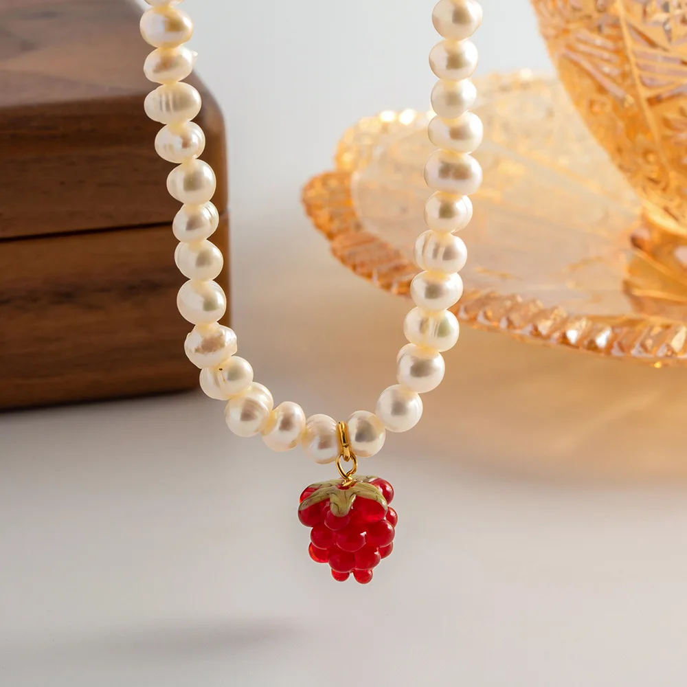 Aretas Chic Trendy Jewelry Mother Gift Natural Freshwater Pearl Chain Red Raspberry Charm Necklace For Women