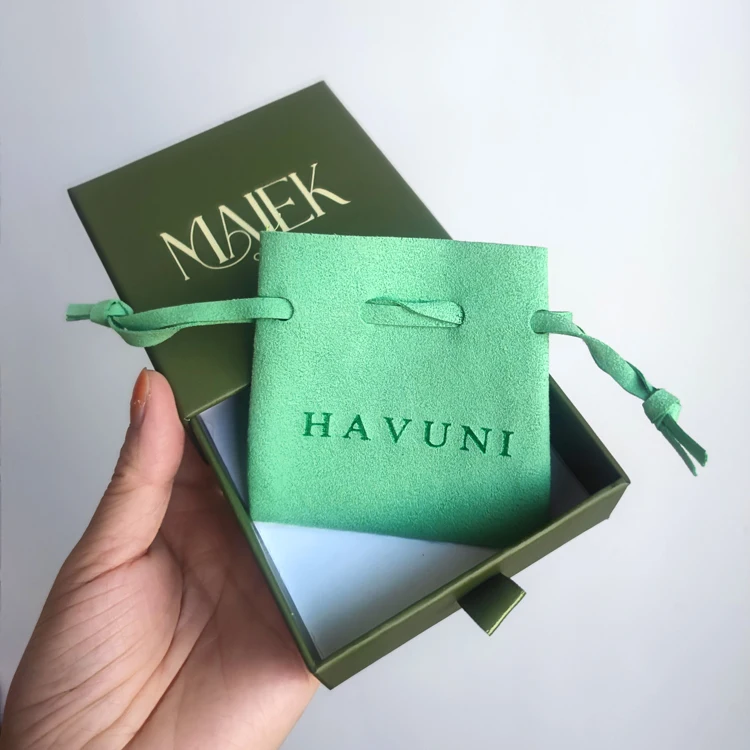 Custom Logo Variant Green Jewellery Packaging Cardboard Drawer Box Ring Narring Necklace Sliding Container BIJOUX with Pouch