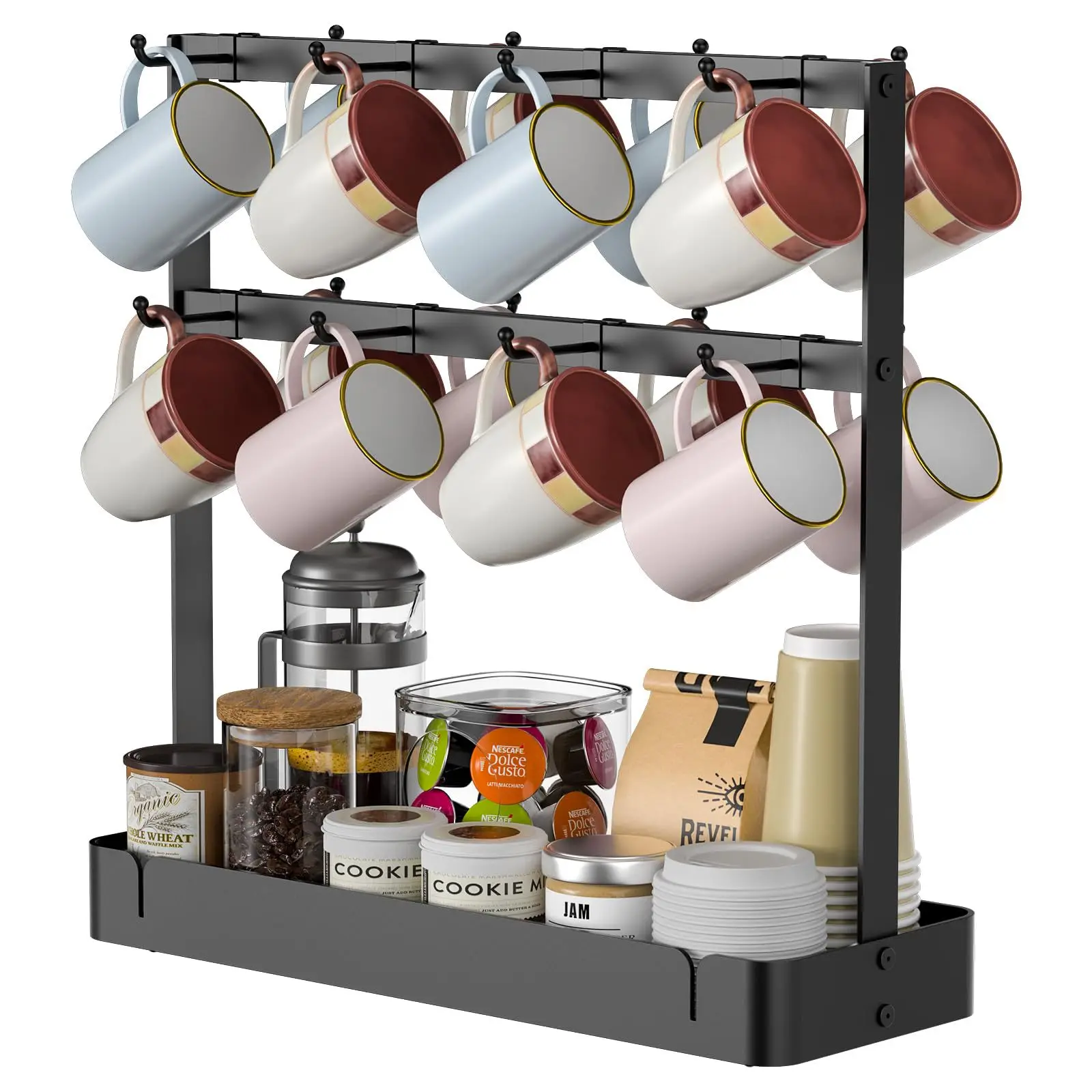 Coffee Mug Holder With Movable Hooks,16 Capacity Coffee Cup Holder For Countertop,2 Tier Mug Tree Holder Rack