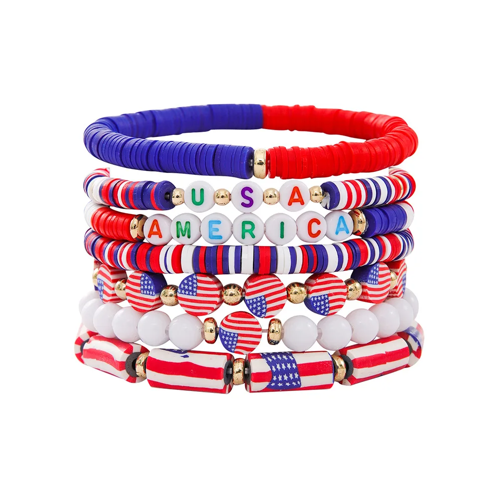 Hstyle  4th of July Bracelets Red White Blue Bracelets USA Clay Bead Bracelets Patriotic Summer Beach Beaded Stackable Jewelry