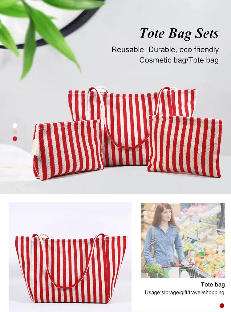 Stylish Environmentally Friendly Stripe Cotton Tote Bag Canvas Tote Bag Sets for Shopping