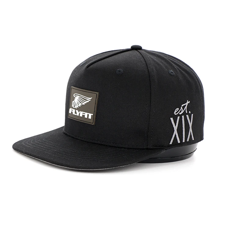custom 6 panel black cotton rubber patch snapback cap