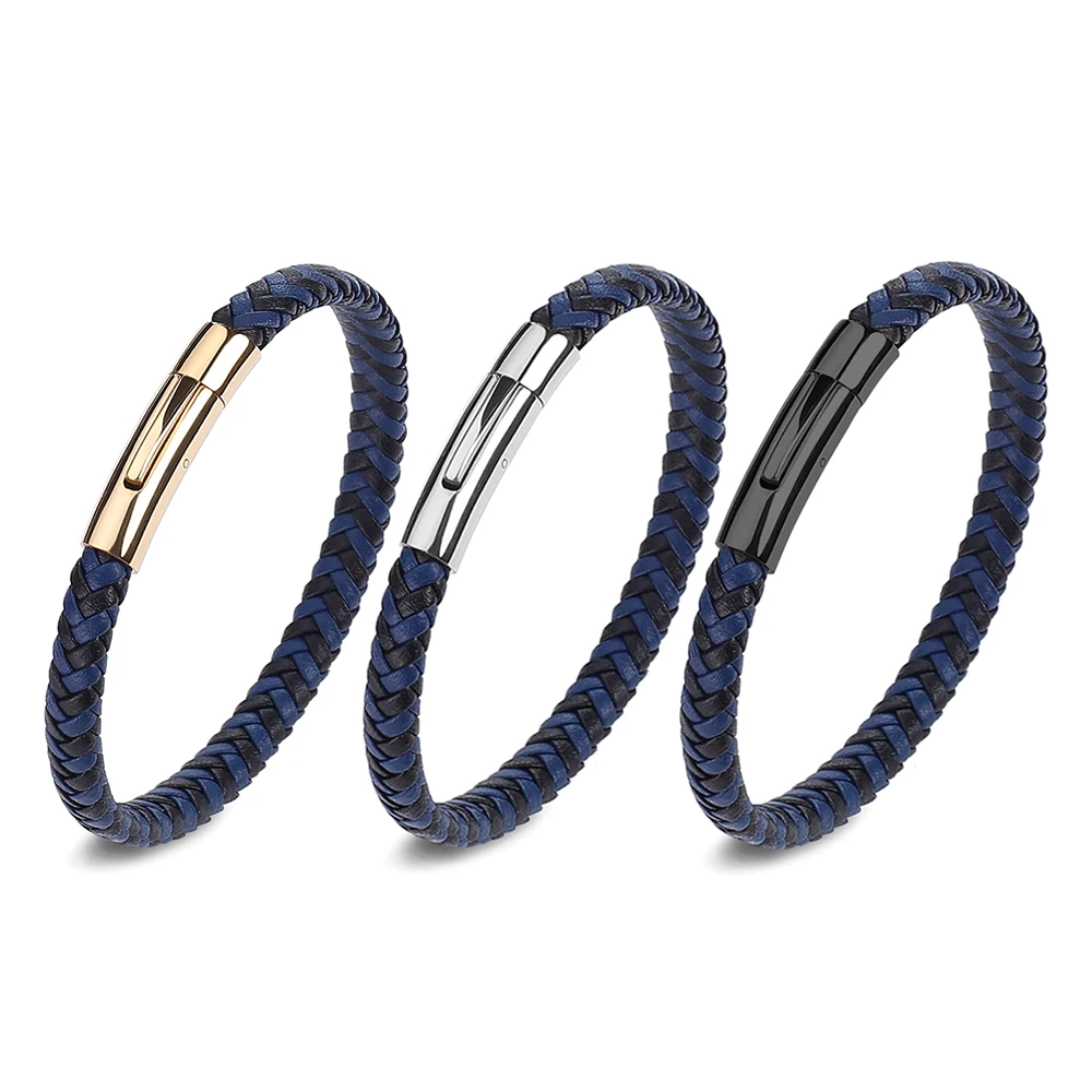 2024 Wholesale Korean Style 6mm Mens Red Black Blue Flat Round Braided Pu Leather Bangles Gold Magnetic Bracelets