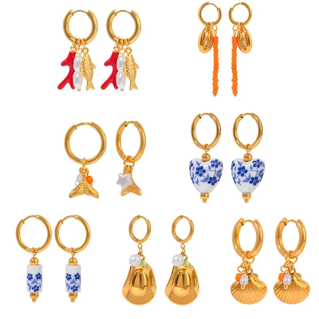 New Diy Stainless Steel Pendant Earrings Ceramic Pearl 18k Pvd Coated Pendant Earrings Fashion Charm Pendant Earrings
