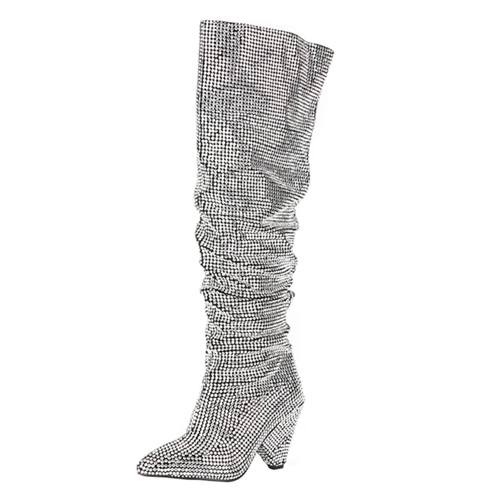 Hoslasen Rhinestones Bling Bling Sharp Shinny Shoes Thigh High Boots Women