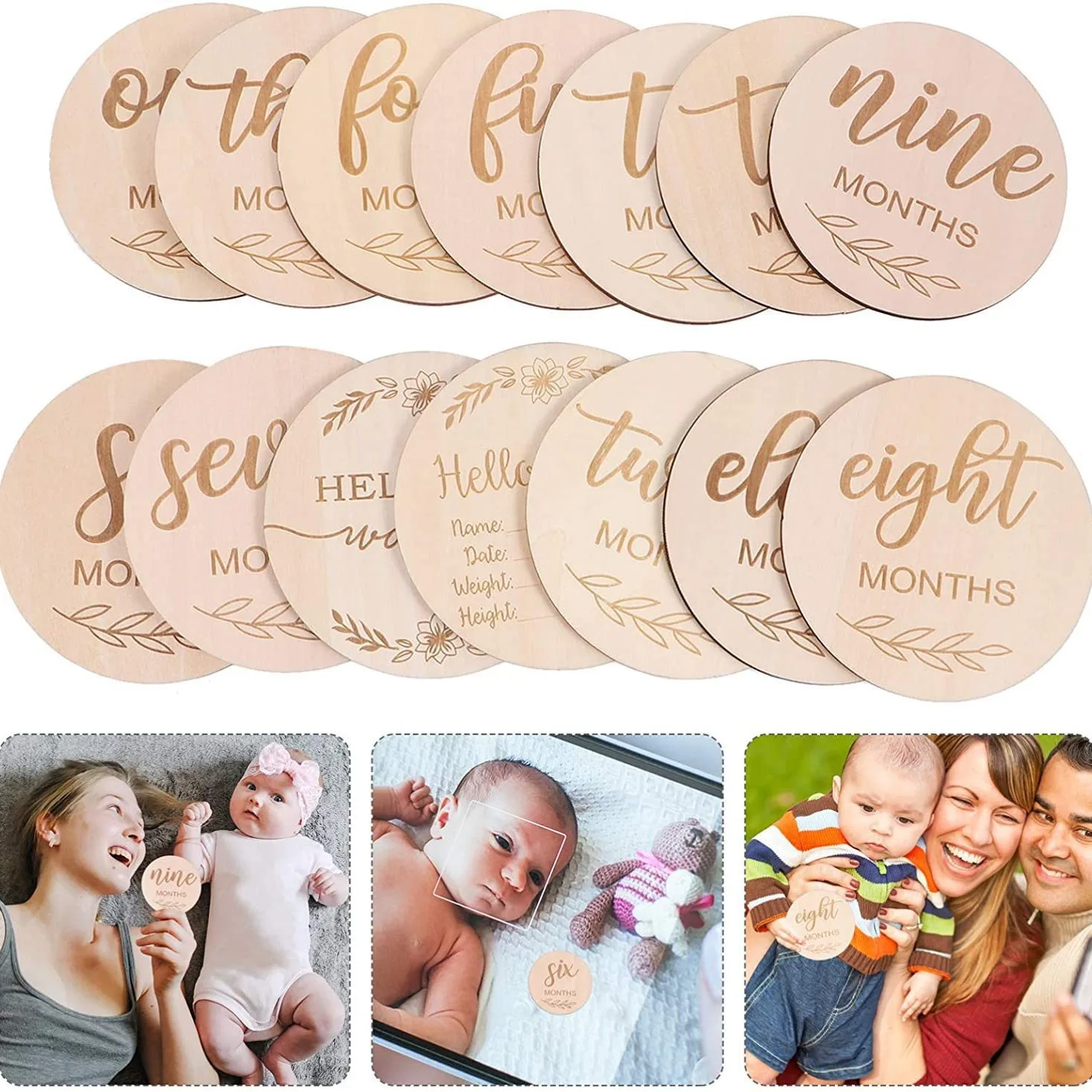 high quality wooden baby milestone card photo props growth round wood chips