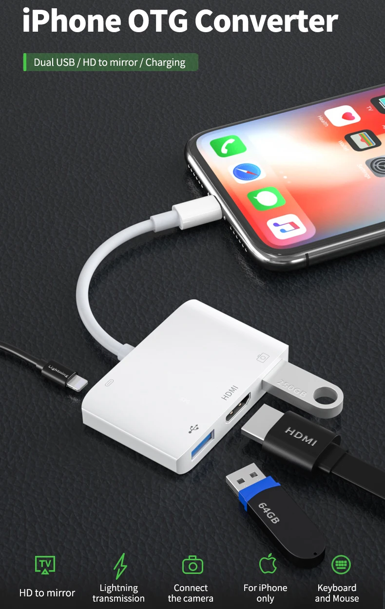 Light ning OTG Converter Adapter To HDMI Double USB3.0 Adapter TV 1080P HD Digital AV adapter Converter for iPhone Same Screen