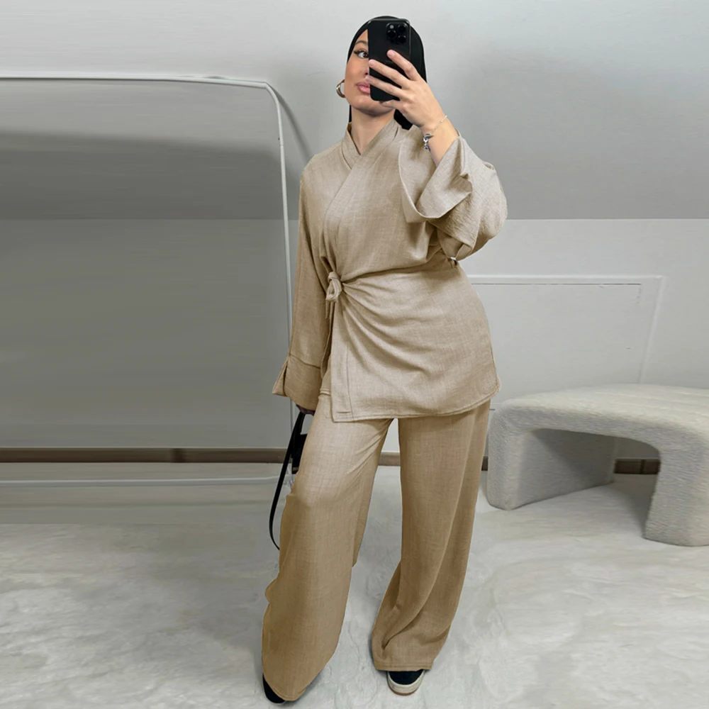Co Ord Suit Kimono Side Wrap with Pant Ramadan Islamic Clothing 2 Piece Set Muslim Women Modest Muslimische Frauen Kleidung