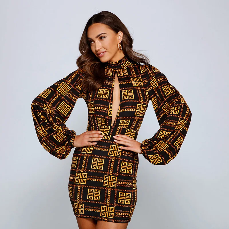 Изготовленный на заказ женская трикотажная футболка с геометрическим рисунком, с воротником-стойкой с лямкой на шее с длинным рукавом пикантные сумка хип платье