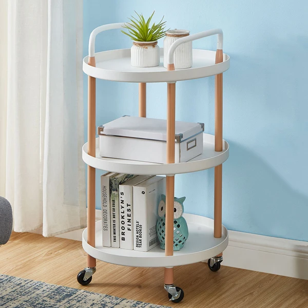 3 Tier Rolling Cart White Round Utility Cart Storage Roller Cart with Handle for Kitchen Home Office Organizing