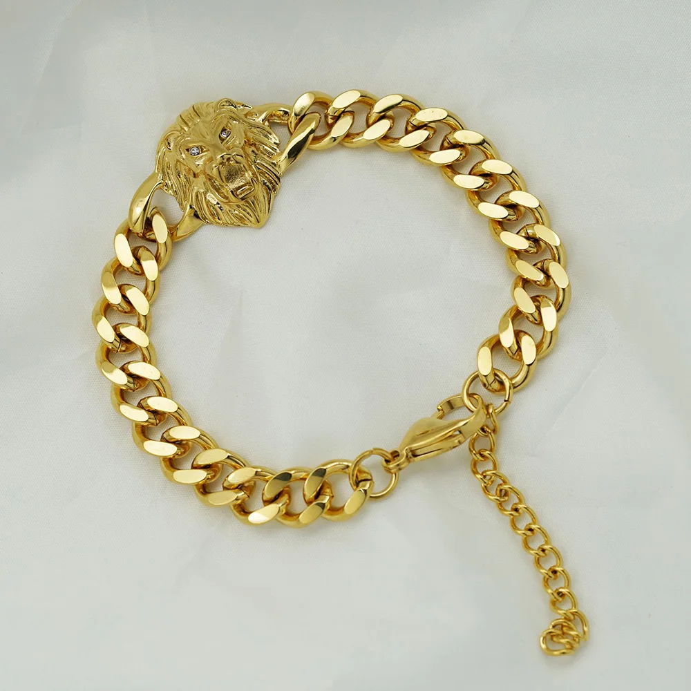 bijou mens gold plated hip hop lion head miami cuban bracelet en acier inoxydable pour homme