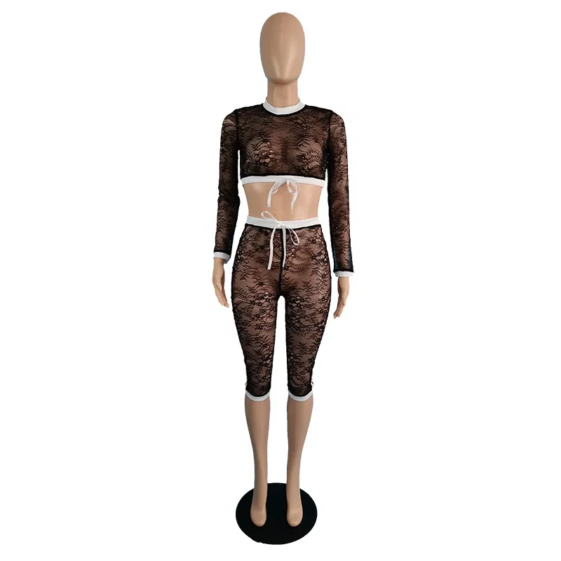 
QC-TC077 2021Trending transparent lace fabric long sleeve top and short pants black two piece shorts set 