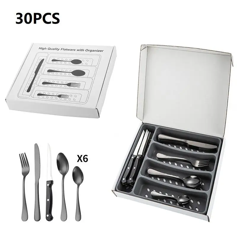 30PCS Storage Box Stainless Steel Cutlery Set With Steak Knife Flatware Silverware Set for 6