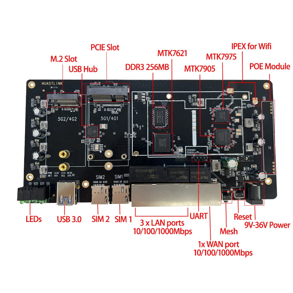 Wifi6 5G Router Board Support DC 9V-36V 11AX 1800Mbps 5G Router With M.2 PCIE And Mini PCIE Slot PCBA Preload OpenWRT