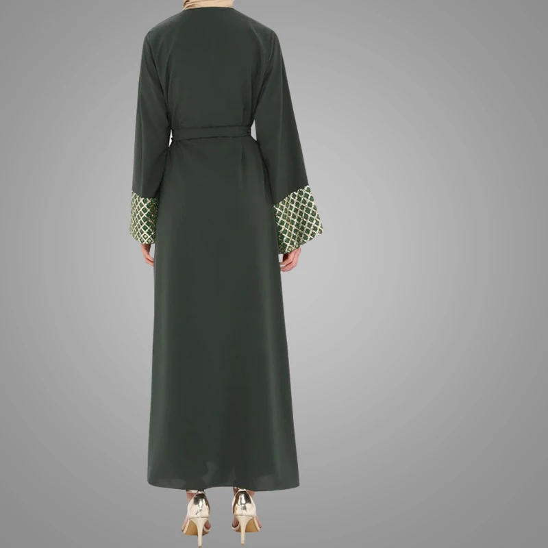 Simple Design Long Sleeve Burqa Muslim Dress Green Open Abaya With Belt Loose Islamic Clothing Kimono Cardigan