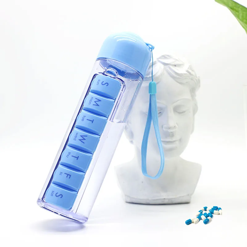 350ML Capsule Shape 7 Days Pill Organizer Case Portable Water Bottle Detachable magnetic attraction Drinking Bottle with Time