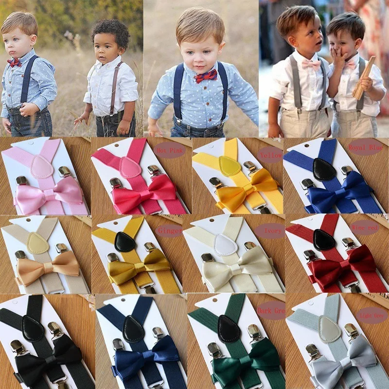 Soild Color Children Belt Bowtie Set Boys Girls Clip-on Y-back Braces Baby Bow Tie Suspenders Vintage Elastic Adjustable