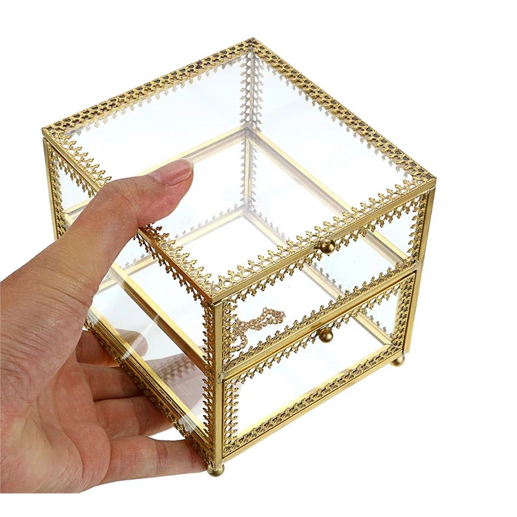 Vintage Glass Jewelry Trinket Box Bracelets Necklace Watch Rings Organizer holder Jewelry Display Case with Drawer