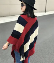 Winter thick acrylic poncho women stripes knit blanket poncho