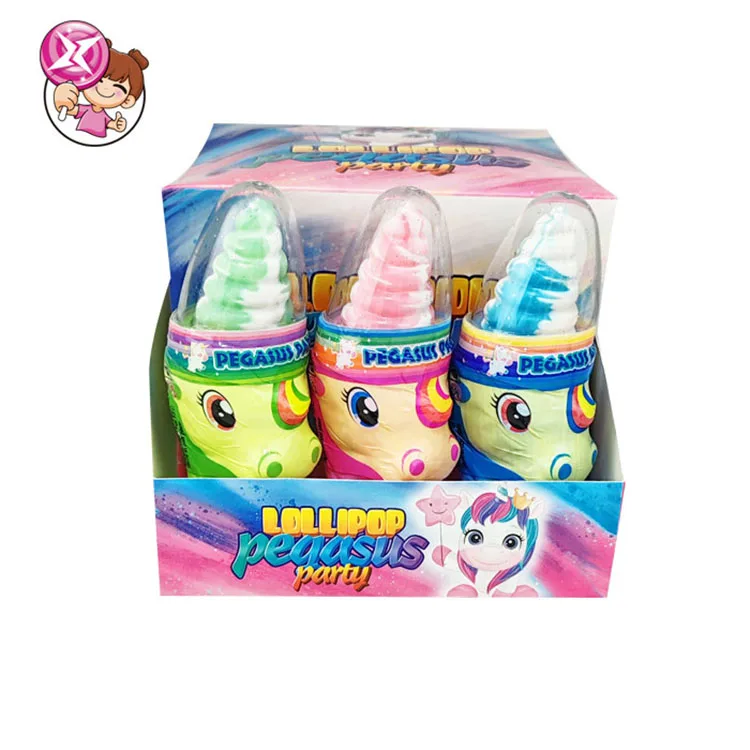 Factory wholesale hot selling candy New color unicorn fruit flavor sour powder hard candy cartoon toy Halal spinning lollipop