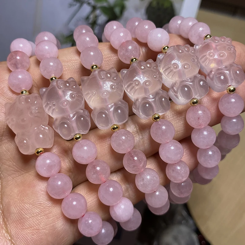 Bulk Wholesale Multi Natural Gemstone Crystal Kitty Bracelet Spiritual Healing Rose Quartz Hello Kitty Crystal Bracelets
