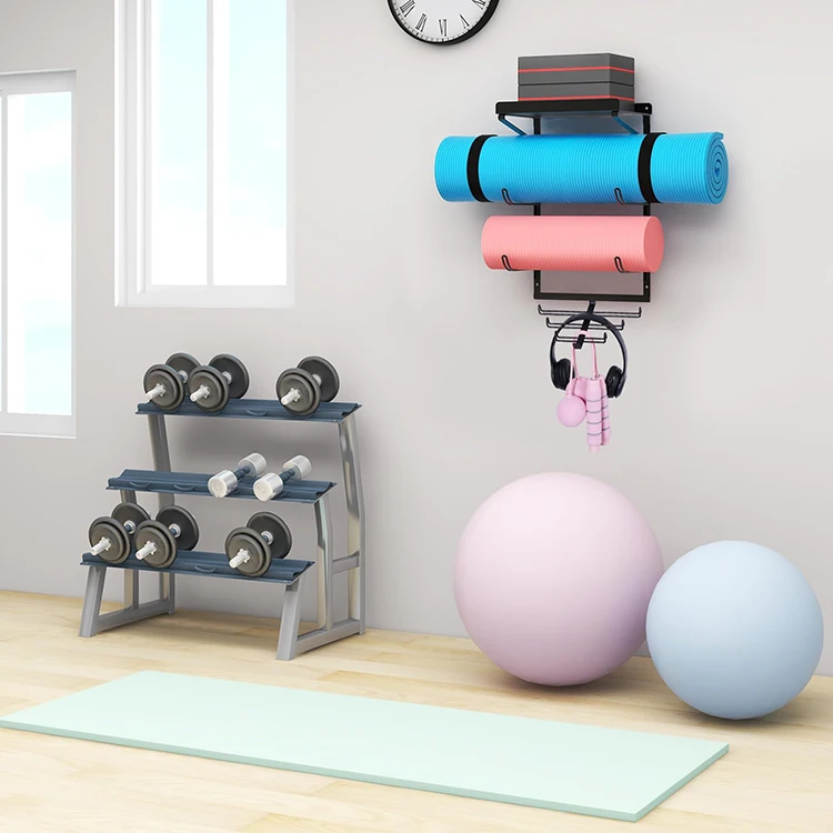 JH-Mech Home Gym Accessories Organizer 2 Tier Yoga Mat Organizer & 6 Hooks With Floating Shelf Yoga Mat Wall Mount Storage Rack