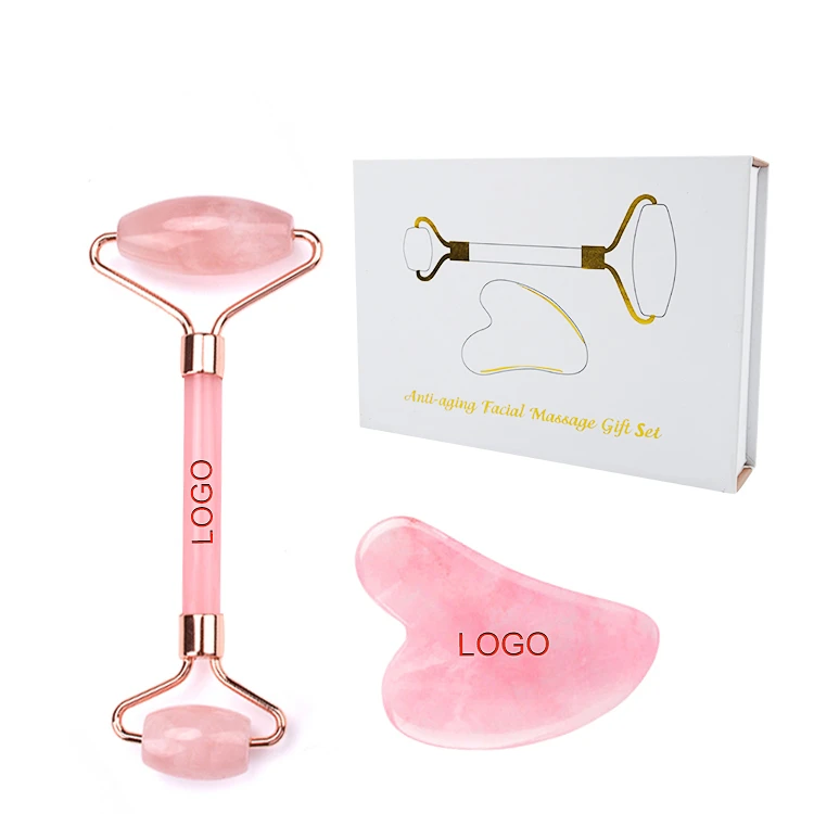 Custom Logo High Quality 100% Authentic Natural Stone Rose Quartz Rose Gold Jade Roller Massage Anti aging Face Roller
