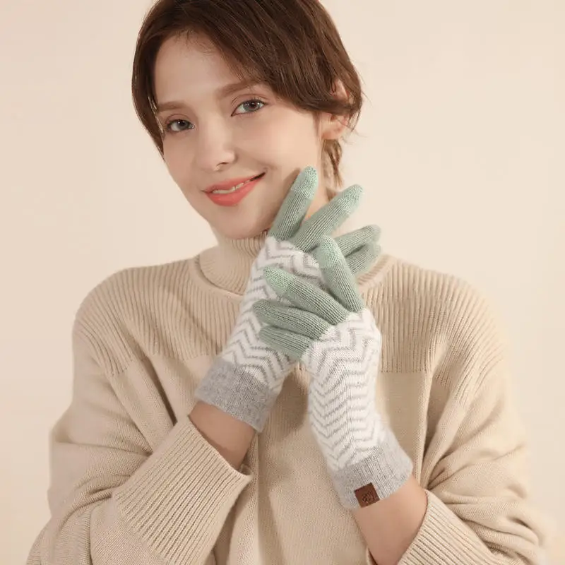 Thickened Plush Windproof Fleece Lined Cozy Cashmere Knit Touch Screen Texting Christmas Winter Gloves