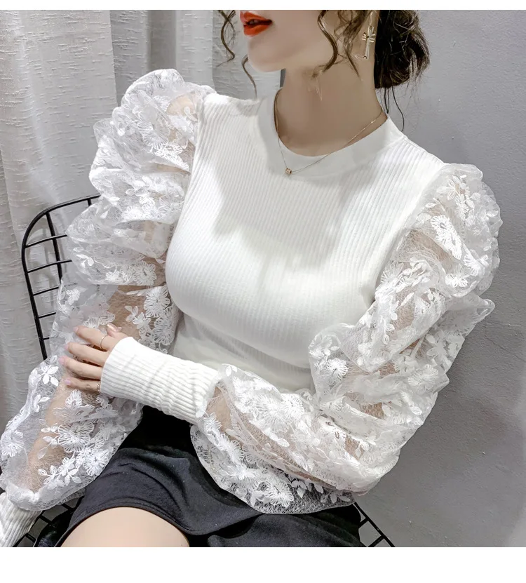2021 New Design Fall Lace Puff Sleeve Slim Tops For Women Long Sleeve Ladies Blouses