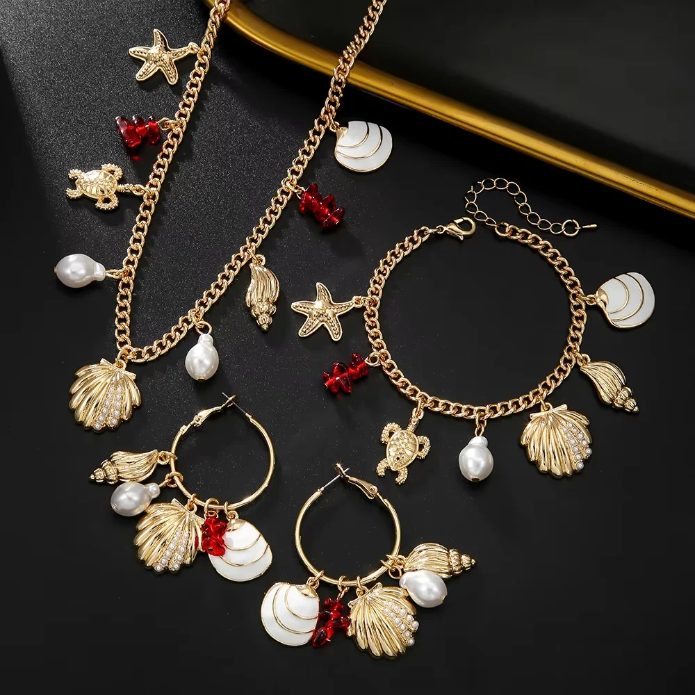 2024 High Beauty Creative Pearl Shell Pendant Necklace Premium Marine Life Pendant Earring Set